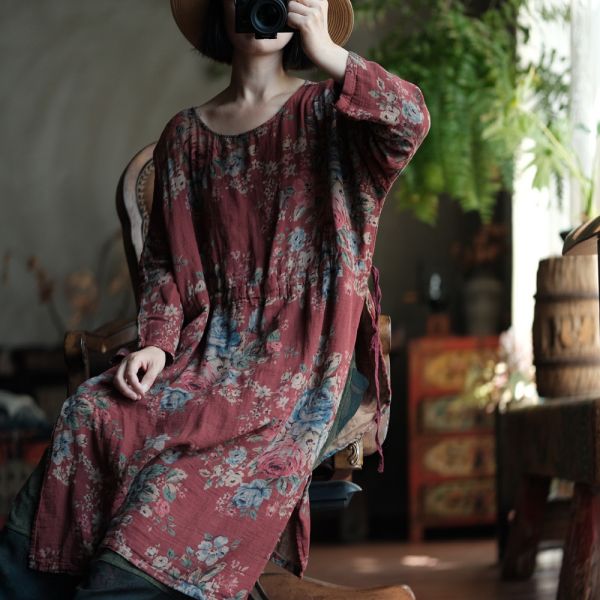 燕燕~棉麻商品~復古紅花側高側抽繩長袍上衣 連身裙。ab151001 