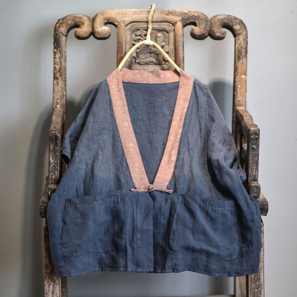 特價款 燕燕~棉麻商品~日系森林系~春秋款 亞麻材質 撞色寬鬆手工盤扣上衣 短袖棉麻衫 可當外套 