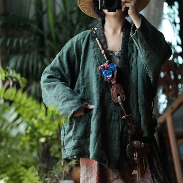 燕燕~秋冬新款 亞麻 手工重工炒色斜襟繫帶棉衣外套  ab181401 