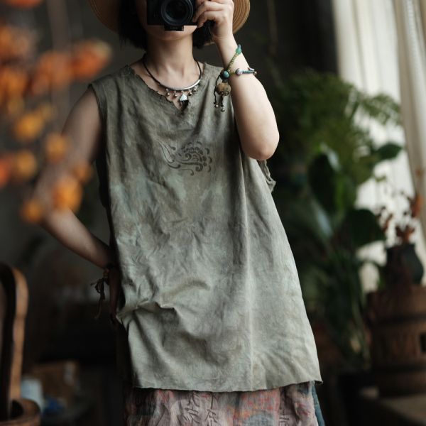 燕燕~夏季款式 復古手工植物染棉料V領背心 