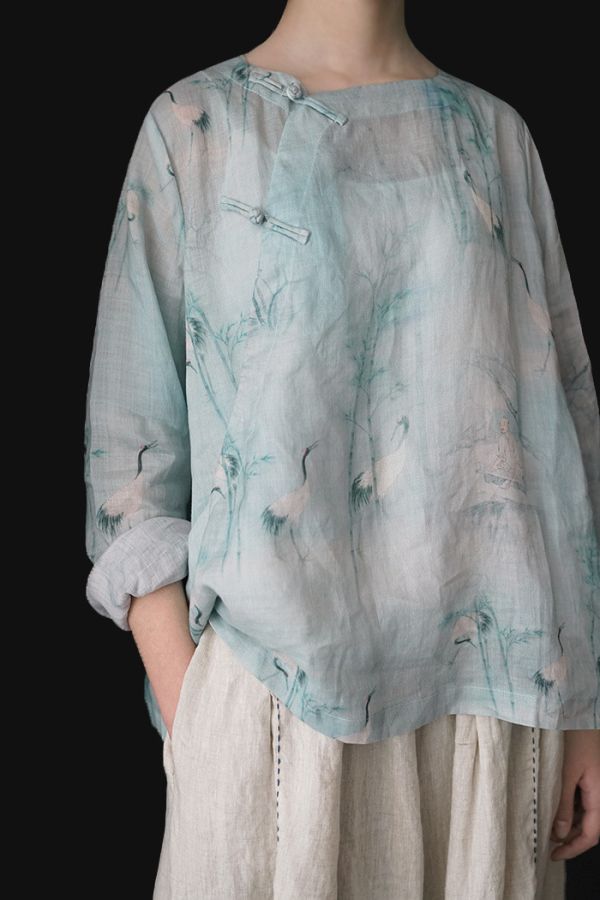 燕燕~夏苧麻漢服禪意文藝茶服國風上衣襯衫復古印花修禪服 七分袖棉麻衫 