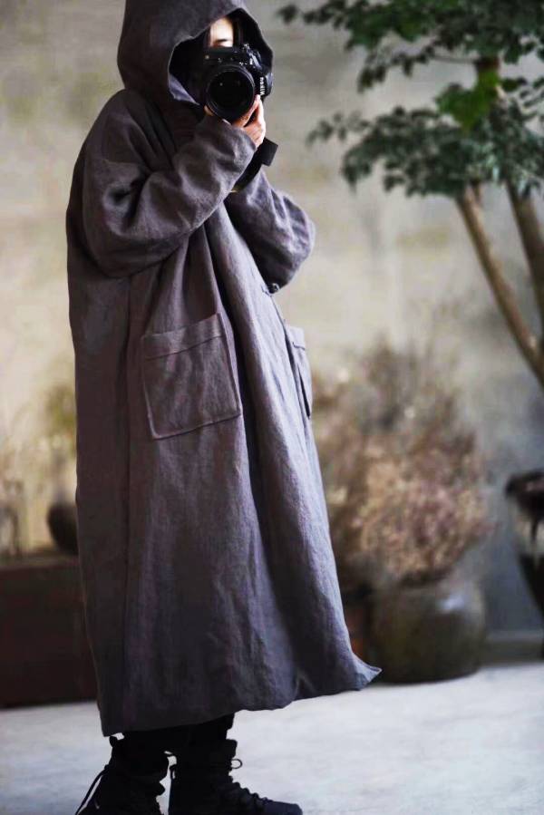 燕燕棉麻~~亞麻材質 冬裝新款 加厚砂洗夾棉連帽盤扣棉袍外套 長大衣 