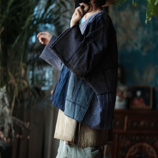 燕燕～水洗棉麻～復古拼布V領毛邊寬鬆小衫 T恤 上衣 ab218201 