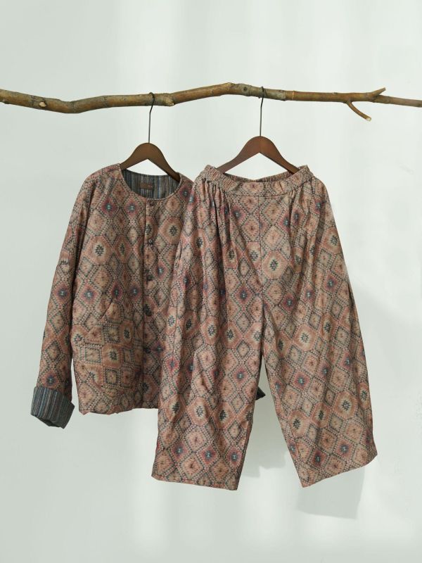 燕燕~復古印花磨毛撞擊色盤扣棉服外套 以及同花色長褲 （可搭成套裝） ab2540101 