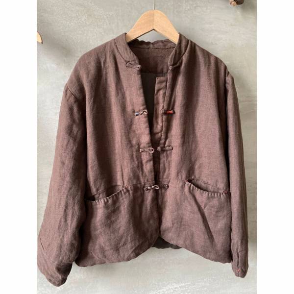 燕燕棉麻～簡約中式立領復古盤扣亞麻短款女式夾棉保暖棉服外套 