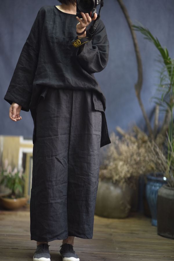 燕燕～亞麻復古春秋套頭開叉長袖麻衫 上衣 