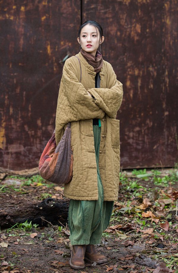燕燕~冬季新款  苧麻夾棉絎縫豎格棉襖棉服流浪禪意 長袍子 棉衣外套 