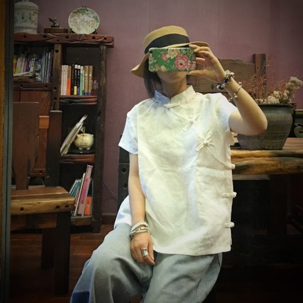 燕燕～純亞麻 中式改良側開襟 色織短袖小衫 上衣 短袖棉麻衫  ab153201 