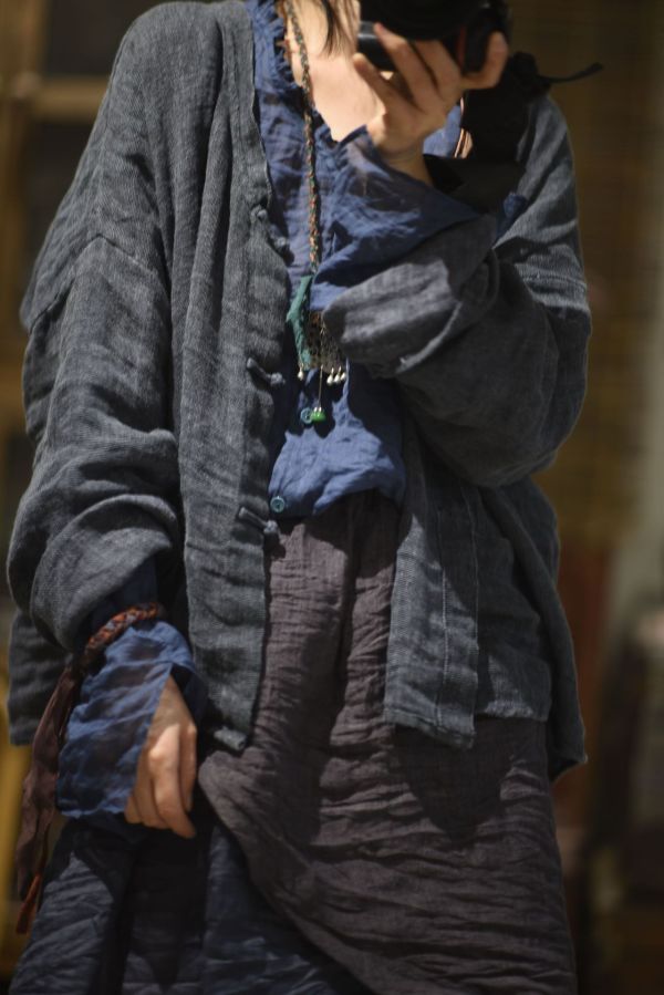 燕燕棉麻～高支莧麻 文藝休閒荷葉領百搭長袖開襟衫防曬衫 上衣 