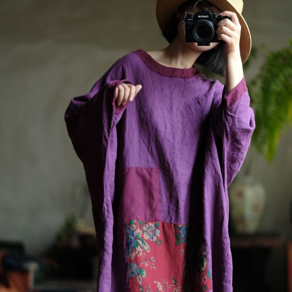 燕燕. 純麻   毛邊撞色大袍洋裝 連身裙。ab143601 