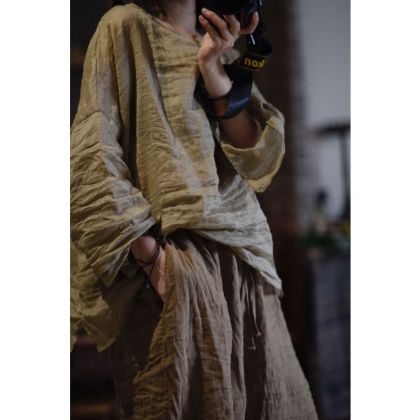 燕燕～夏季  輕薄苧麻落 文藝復古落肩套頭小衫上衣 長袖棉麻衫 