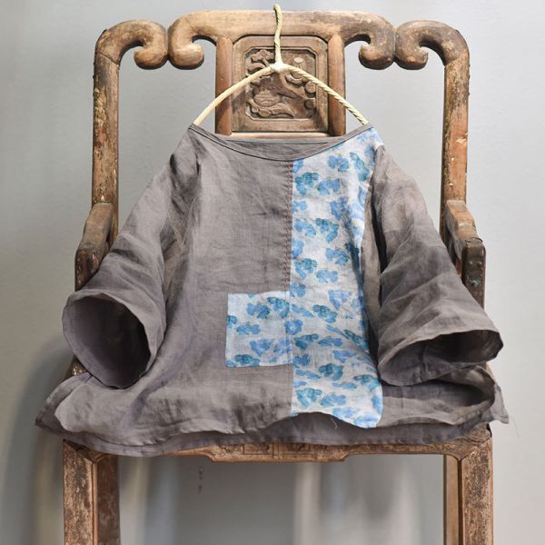 燕~棉麻商品~苧麻材質 復古撞色拼布中袖手工繡線上衣 T恤  短袖棉麻衫 