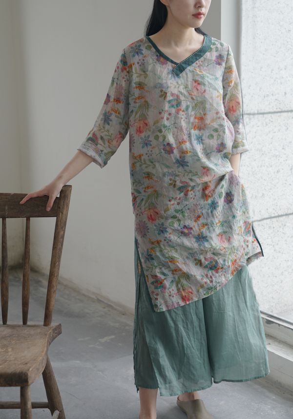 燕燕~苧麻 文藝數碼印花修身 洋裝 連身裙 ab2219501 