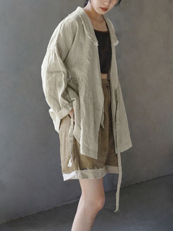燕燕~亞麻 設計文藝復古開襟衫 田園生活寬鬆繫帶減齡外套   ab2408501 