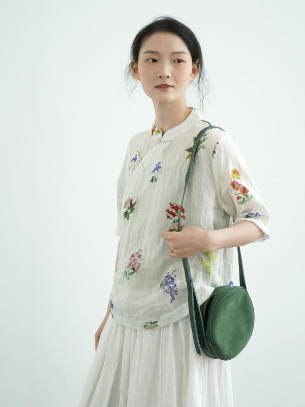 燕燕~夏季新款 立領斜襟苧扣襯衫 復古文藝短衫花朵印花茶服上衣 ab2508201 