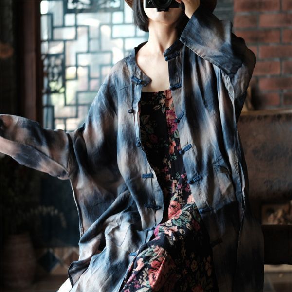 燕燕~秋冬新款 苧麻  寬鬆不對稱口袋長外套襯衫 上衣 外套。ab143501 