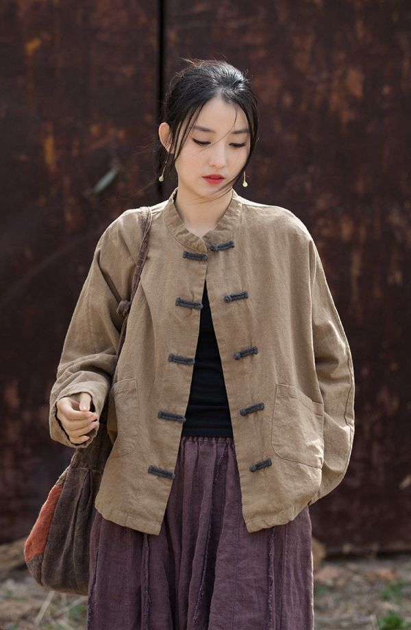 燕燕~夏款新品~撞色盤扣上衣改良新中式居家旅行禪修女式外套 上衣 