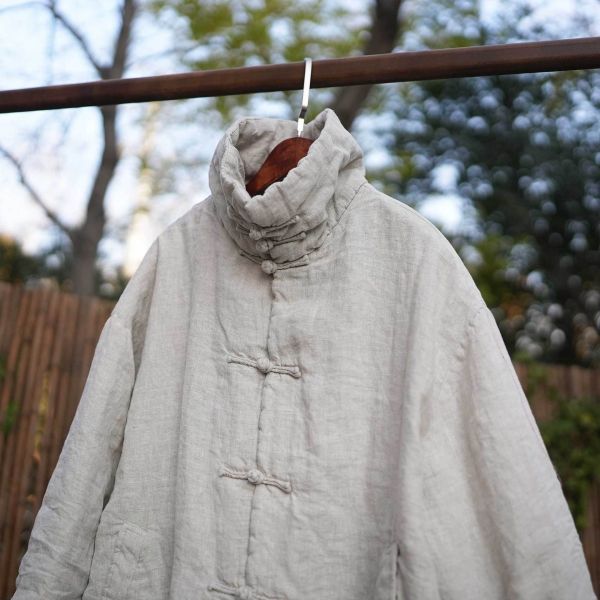 燕燕～堆領保暖 厚棉棉衣砂洗中長亞麻棉服 寬鬆棉衣 厚棉棉衣外套 ab30801 