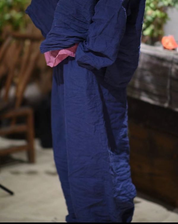 燕燕~砂洗加厚苧麻    撞色抽繩文藝復古休閒百搭寬鬆長褲 