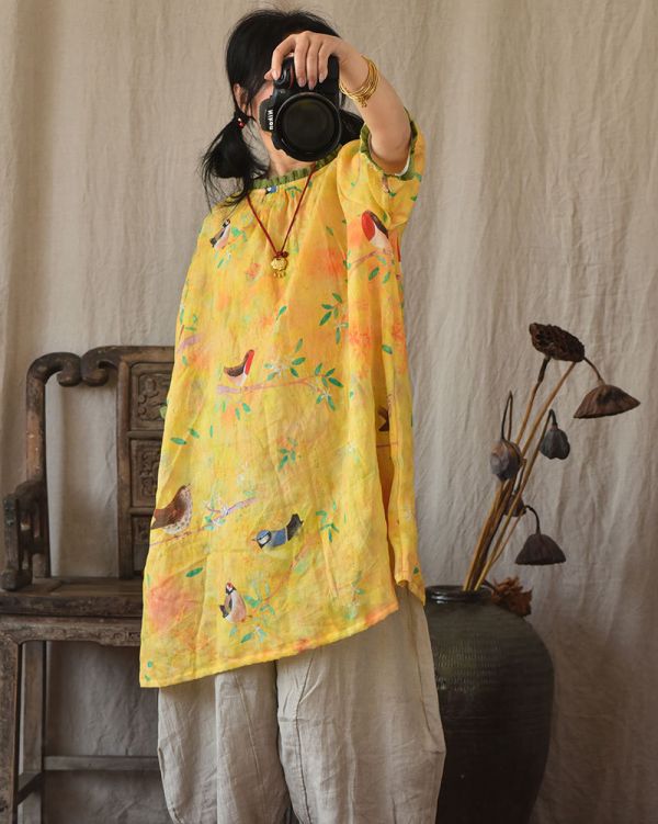 燕燕~棉麻商品 苧麻數碼印花中長款上衣 盤扣撞色荷葉領減齡七分袖棉麻衫 襯衫 