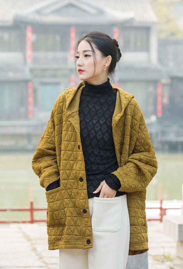 燕燕~棉麻商品~秋冬款 幾何絎縫格紋夾棉加厚改良禪意女式棉服棉衣外套 