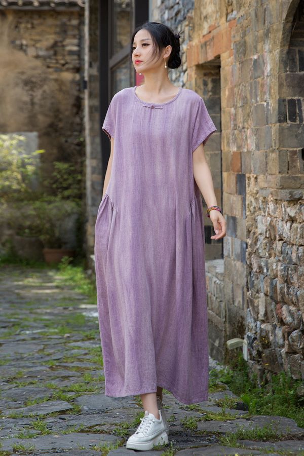 燕燕 夏款 亞麻紮染炒色文藝無袖長裙 洋裝 背心裙 