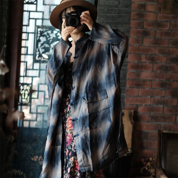 燕燕~秋冬新款 苧麻  寬鬆不對稱口袋長外套襯衫 上衣 外套。ab143501 