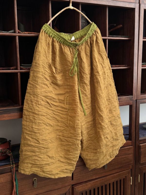 燕燕～亞麻～高品質砂洗寬鬆寬腿中褲 