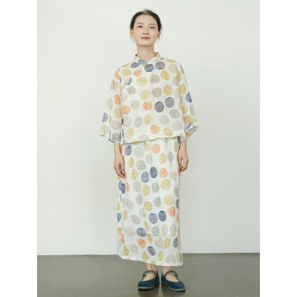 燕燕~水彩波點立領苧麻上衣 寬袖遮陽襯衫茶服 ab2516801 