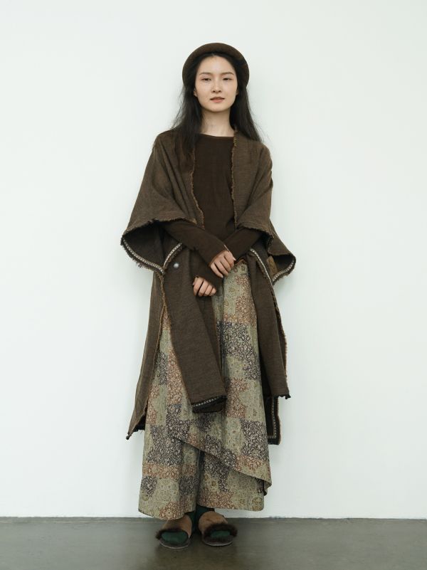 燕燕~秋款 復古色織沙礫披肩長外套 復古毛邊做舊隨性長外套 ab2430801 