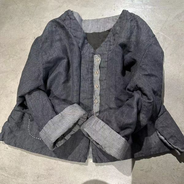 燕燕~棉麻商品~亞麻 文藝休閒短版色織V領外套夾棉上衣 外套 