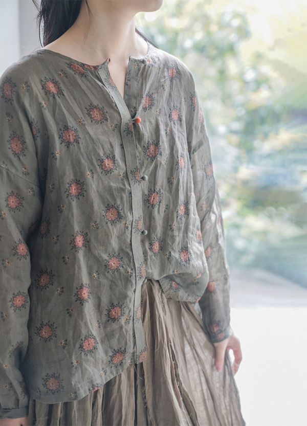 苧麻材質  復古數碼印花圓領寬鬆襯衫 文藝春夏防曬開衫上衣 長袖棉麻衫 ab2222001 