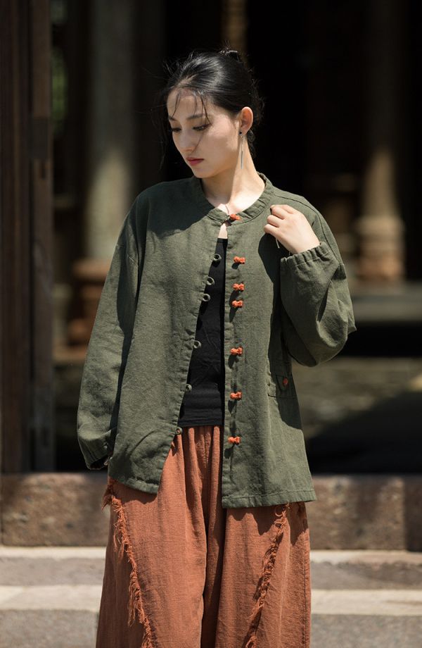 燕燕~秋冬新品～苧麻拼色盤扣對襟開衫上衣外套 