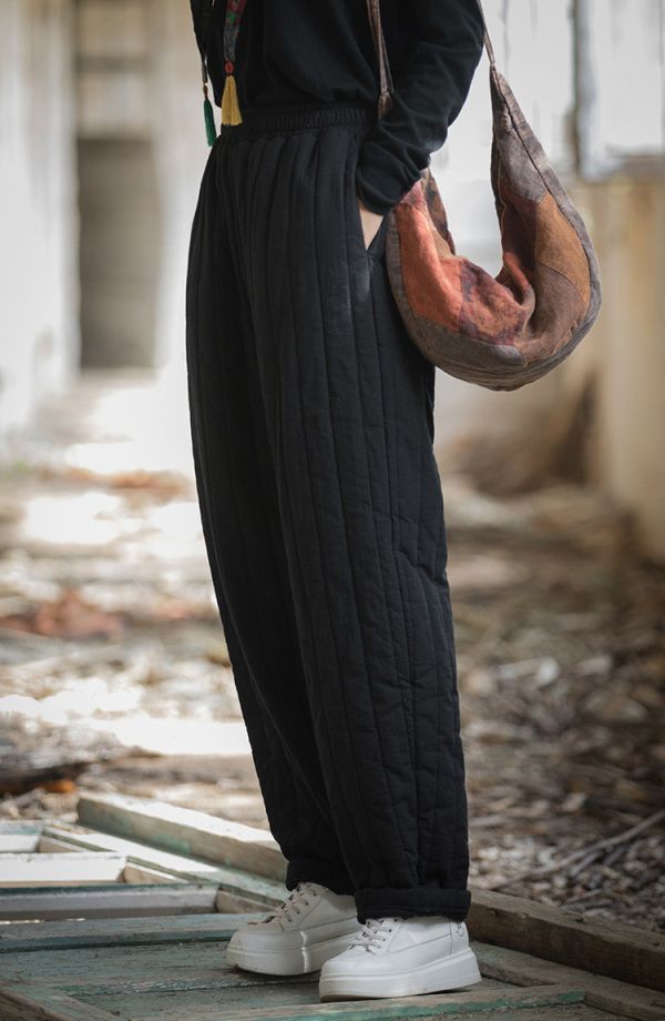 燕燕~冬季新款 夾棉加厚保暖休閒褲 絎縫豎格個性棉褲 長褲 