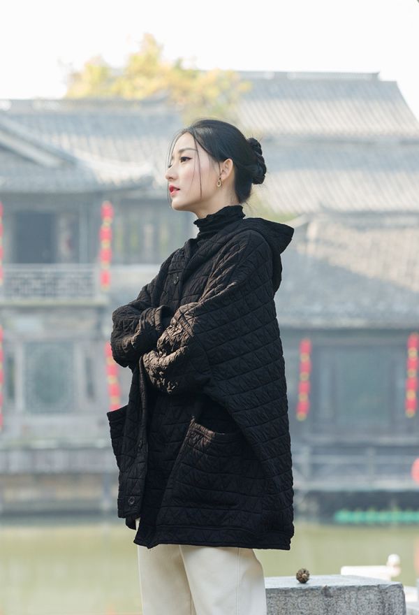 燕燕~棉麻商品~秋冬款 幾何絎縫格紋夾棉加厚改良禪意女式棉服棉衣外套 