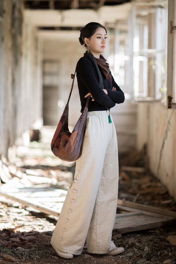 燕燕~秋冬新款 苧麻夾棉絎縫長褲 個性百搭保暖女款直筒棉褲 