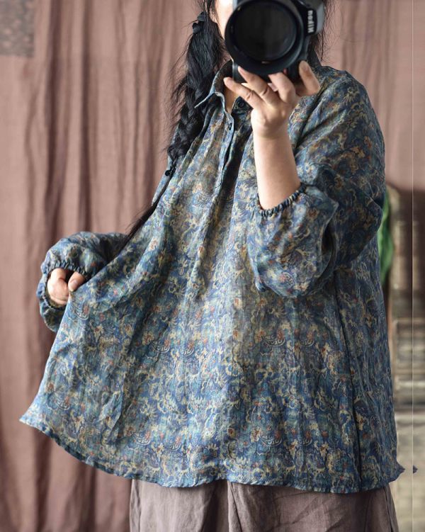 燕燕. 苧麻。四季款  文藝復古印花 寬鬆方領長袖上衣T 襯衫 長袖棉麻衫 