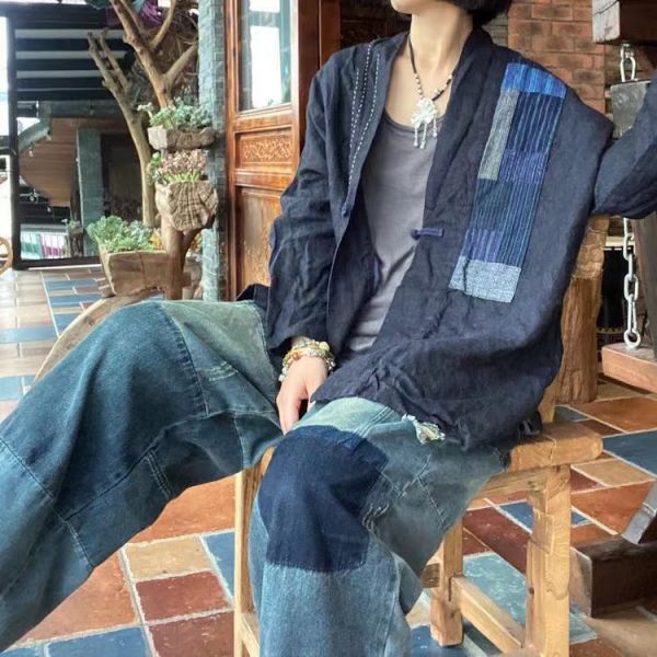 燕燕～～純亞麻  手工針跡貼佈外披上衣 長袖棉麻衫 ab187001 