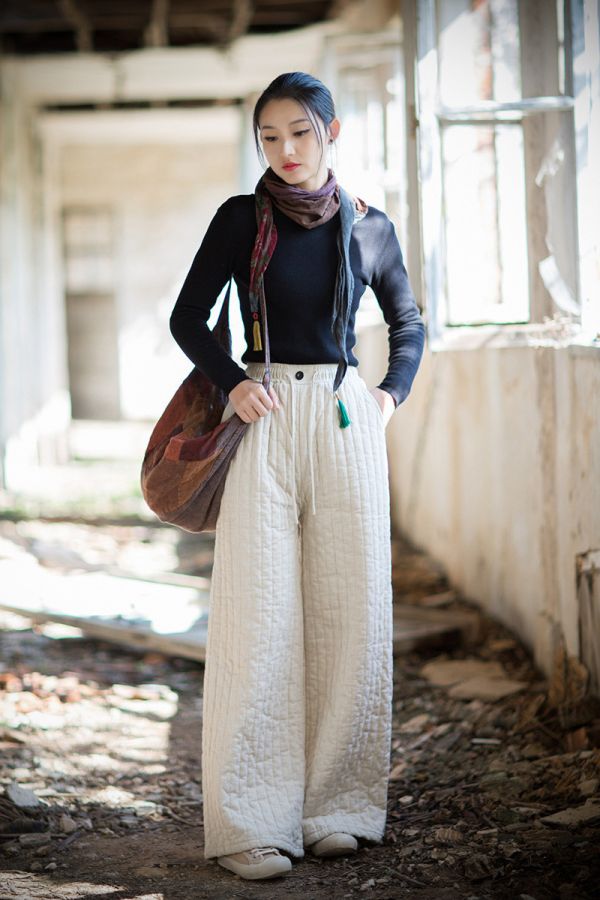 燕燕~冬季新品 苧麻夾棉豎格絎縫闊腿褲 加厚保暖高級感棉褲 