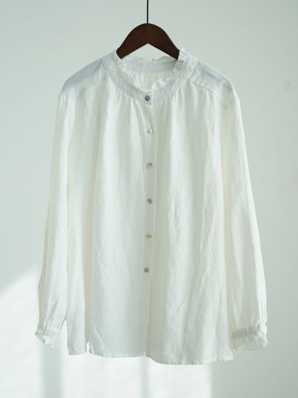 燕燕~秋冬款 天然亞麻法式小高領襯衫田園生活復古溫柔兩穿上衣 ab2533001 