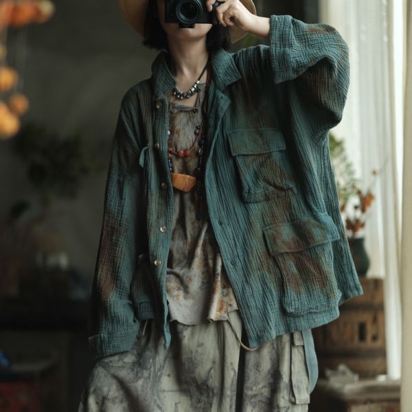 燕燕~植物染 復古翻領中式口袋棉麻外套 ab236301 