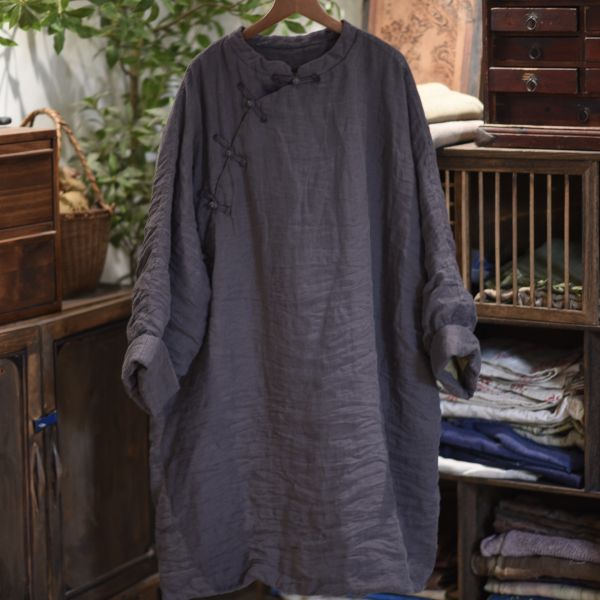 燕燕~砂洗亞麻 偏襟盤扣寬鬆棉衣長袍洋裝 連身裙 