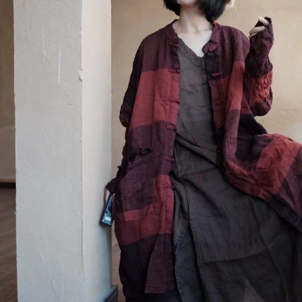 燕燕～ 純亞麻  色織寬鬆不對稱口袋對襟長外套 