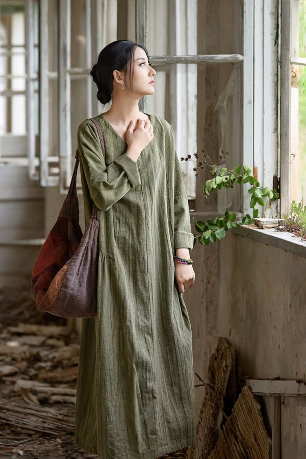 燕燕~秋冬新款 苧麻棉紮染洋裝連身裙 