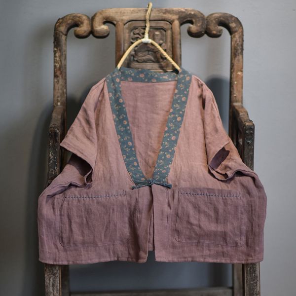 特價款 燕燕~棉麻商品~日系森林系~春秋款 亞麻材質 撞色寬鬆手工盤扣上衣 短袖棉麻衫 可當外套 