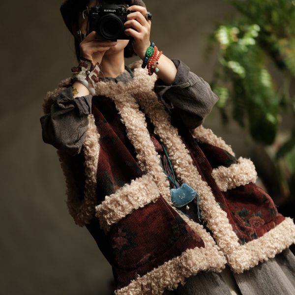 燕燕~復古燈芯絨羊捲毛大口袋夾棉加厚背心 ab222301 