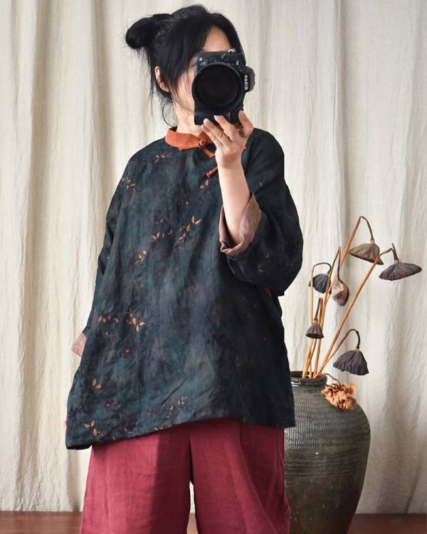 燕燕~春秋款 碎花 亞麻材質   斜襟復古盤扣上衣 香雲紗印花 工藝茶服短長袖棉麻衫 外套 