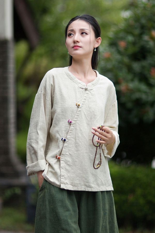 燕燕~秋季新款 禪意茶服苧麻長袖襯衫 復古斜襟盤扣上衣 