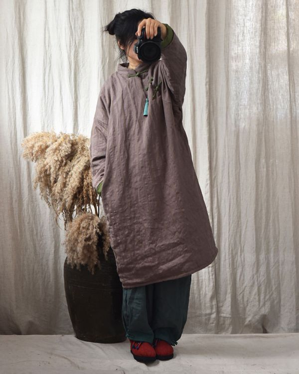 燕燕~秋款 條紋色織亞麻棉袍 復古斜襟盤扣寬鬆長棉衣手縫線棉服連身裙 洋裝 (此件商品不退換） 