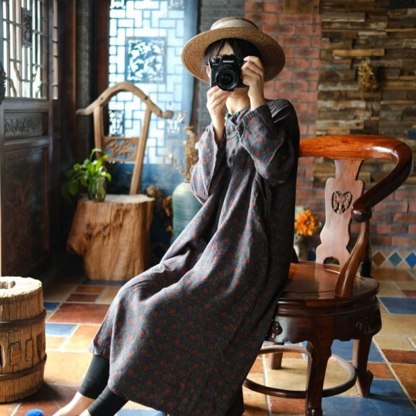 燕燕~春季新款. 雙層棉紗 寬鬆盤扣斜襟花袍洋裝 連身裙 